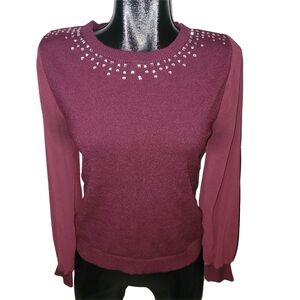H By Halston Burgundy Embellished Crew Neckline Sweater With Sheer Sleeves M